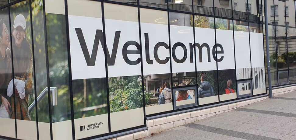 An image of the Welcome sign at Leeds University.
